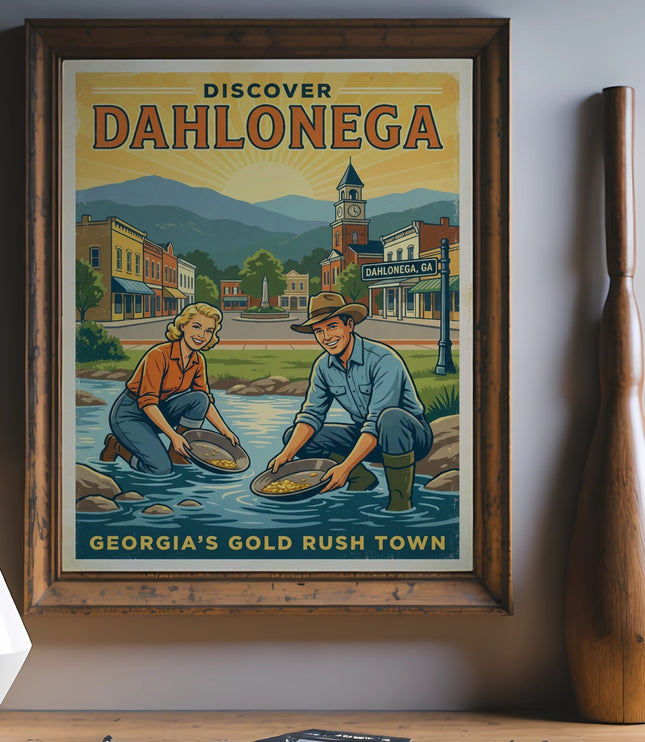Dahlonega, Georgia Gold Rush poster with prospectors panning for gold.
