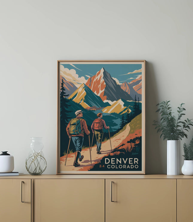 Framed art print of hikers on a mountain trail with "Denver, Colorado" text.
