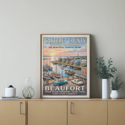Carteret County, North Carolina, vintage travel poster of Beaufort harbor.