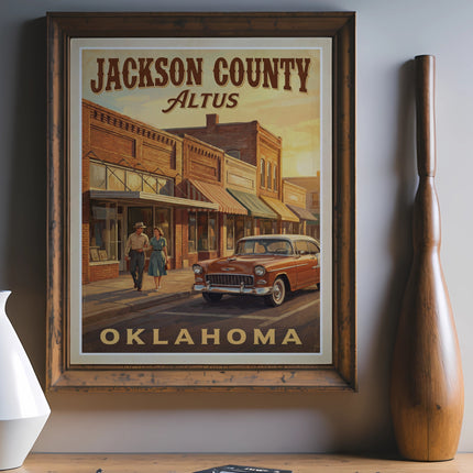 Vintage poster of Jackson County Altus Oklahoma with classic car and couple.
