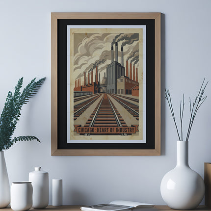 Vintage-style poster of a factory with smoking chimneys and railroad tracks.
