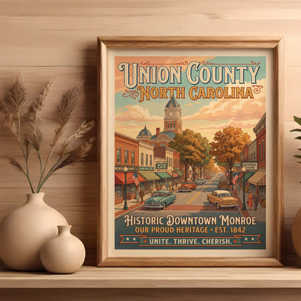 Vintage print depicting Union County, North Carolina, with downtown Monroe est. 1842.