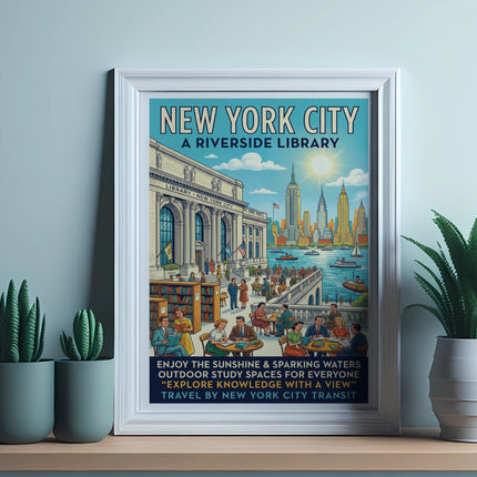 New York City Riverside Library poster featuring people reading outdoors.