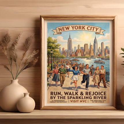 New York City vintage travel poster of people running by the river.