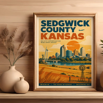 Sedgwick County, Kansas vintage travel poster with city skyline, windmill, and text.