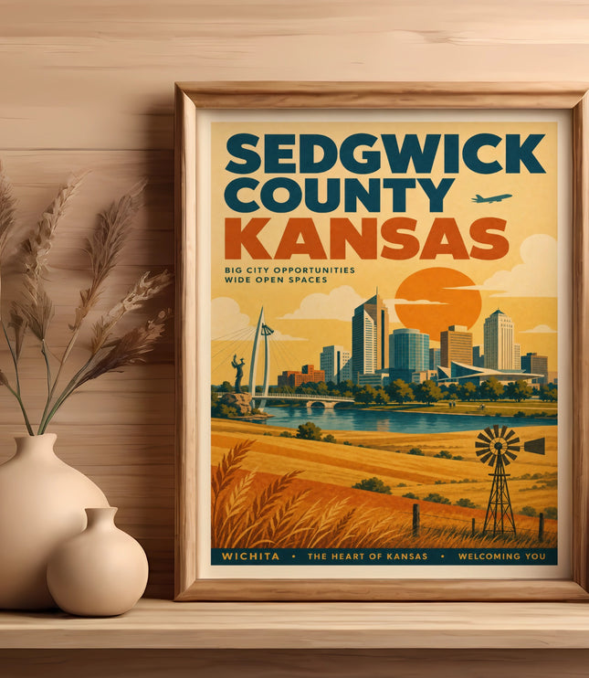 Sedgwick County, Kansas vintage travel poster with city skyline, windmill, and text.