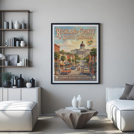 Richland County South Carolina vintage travel poster with capitol building and historic streets.