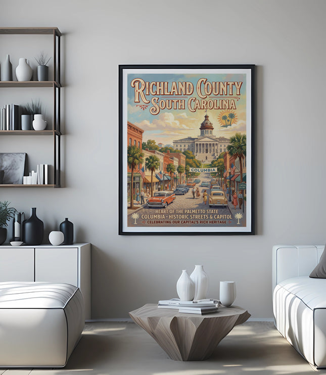 Richland County South Carolina vintage travel poster with capitol building and historic streets.