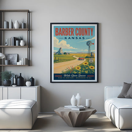 Poster depicting Barber County, Kansas with landscape, windmill, and road sign.