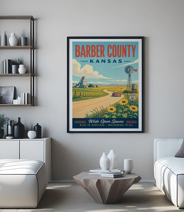 Poster depicting Barber County, Kansas with landscape, windmill, and road sign.