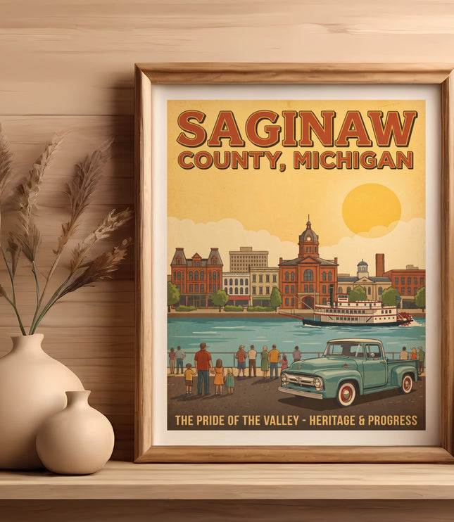 Vintage poster of Saginaw County, Michigan featuring a river, boat, and classic truck.