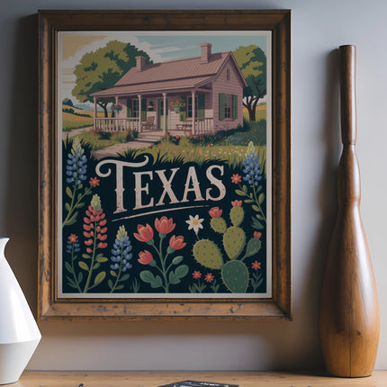 Framed Texas art print with cottage, flowers, and cacti.