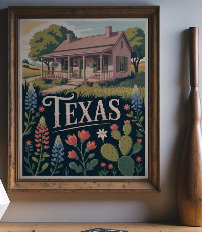 Framed Texas art print with cottage, flowers, and cacti.