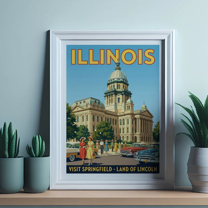 Vintage Illinois State Capitol building poster with cars and people.
