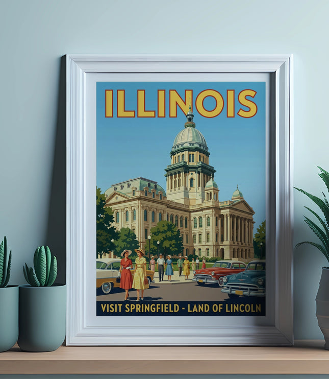 Vintage Illinois State Capitol building poster with cars and people.