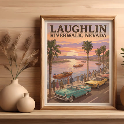 Laughlin Riverwalk Nevada vintage poster with palm trees, boats, and classic cars.