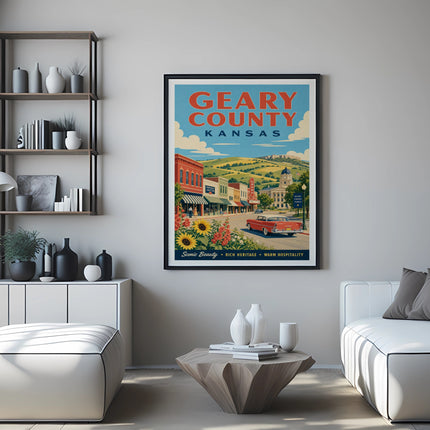 Poster of Geary County, Kansas with vintage cars and buildings.