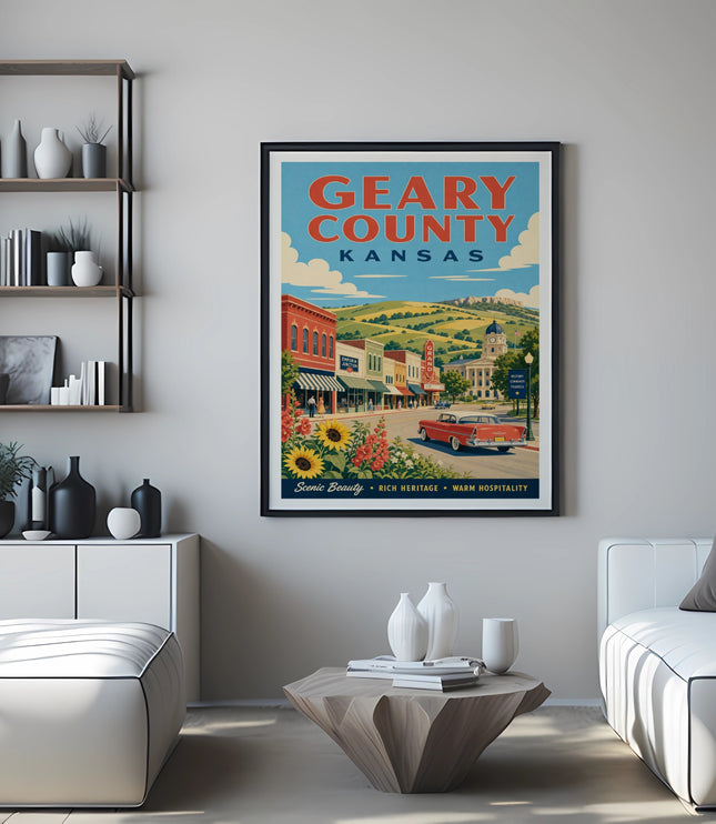 Poster of Geary County, Kansas with vintage cars and buildings.