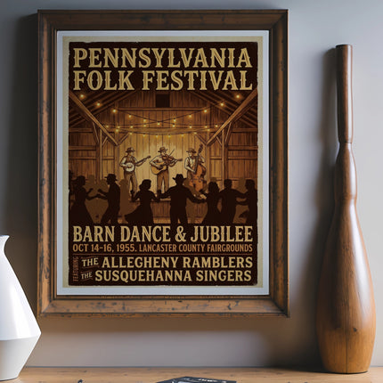 Pennsylvania Folk Festival poster for Barn Dance & Jubilee, featuring Allegheny Ramblers and Susquehanna Singers.