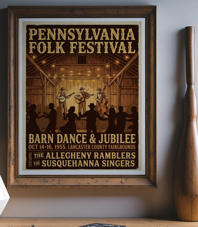 Pennsylvania Folk Festival poster for Barn Dance & Jubilee, featuring Allegheny Ramblers and Susquehanna Singers.