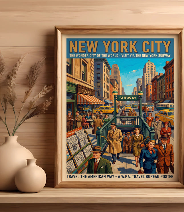 Vintage New York City subway poster with people and buildings.