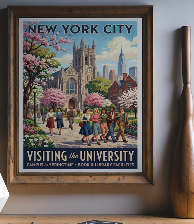 New York City vintage poster of university campus in springtime with students.
