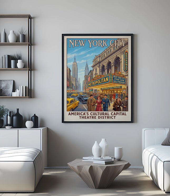 New York City vintage poster depicting Metropolitan Theatre and Broadway.