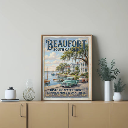 Beaufort, South Carolina vintage poster with historic waterfront, moss, and oak trees.