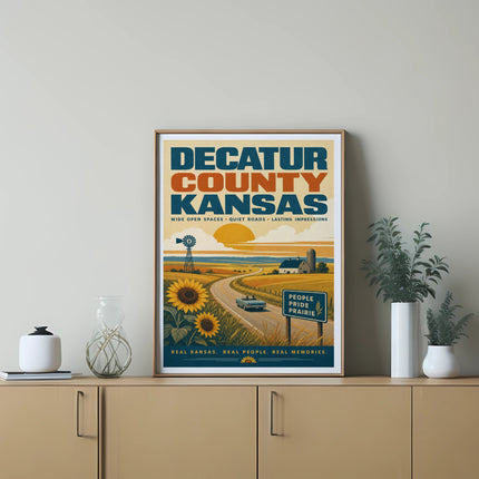 Decatur County Kansas poster with sunflower field, windmill, and barn.