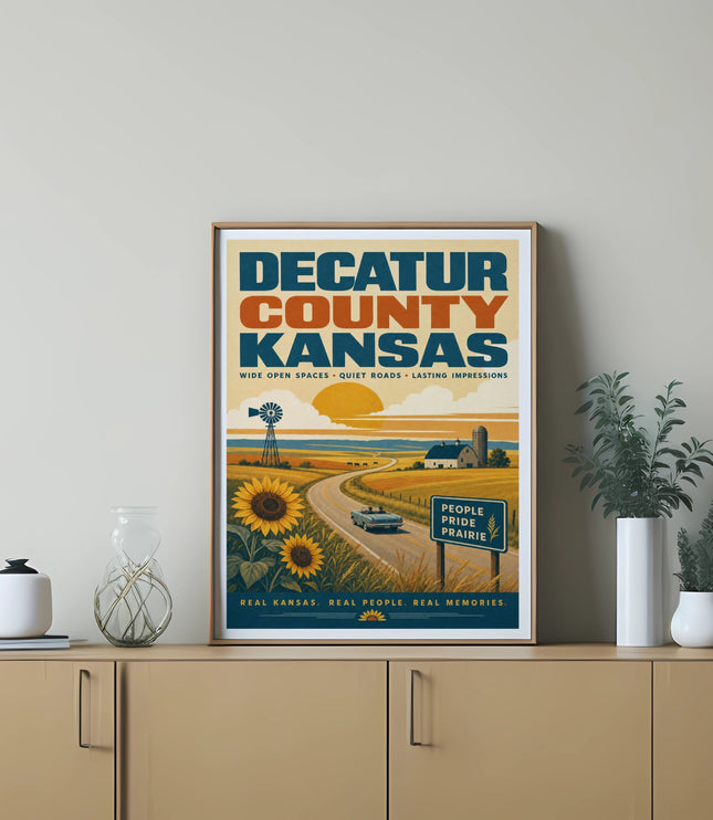 Decatur County Kansas poster with sunflower field, windmill, and barn.