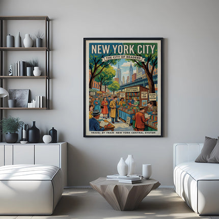 New York City "The City of Readers" poster with vintage book stalls and people.