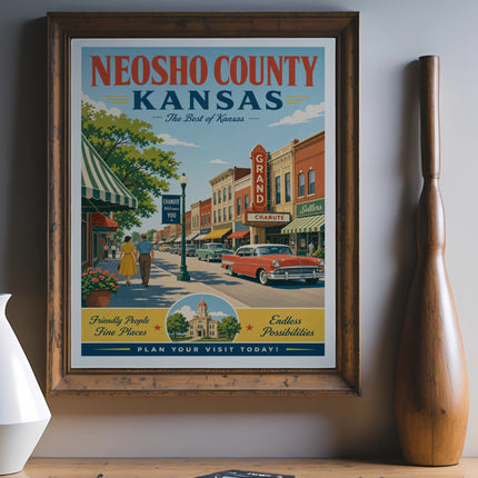 Vintage poster for Neosho County, Kansas, featuring a street scene and text.