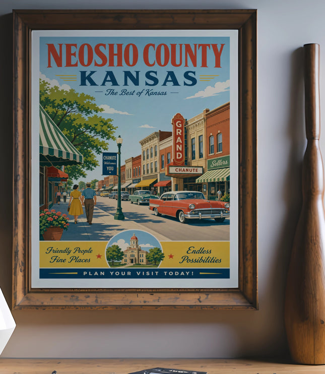 Vintage poster for Neosho County, Kansas, featuring a street scene and text.
