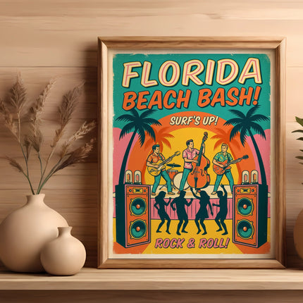 Framed "Florida Beach Bash Surf's Up Rock & Roll" poster with band and dancers.