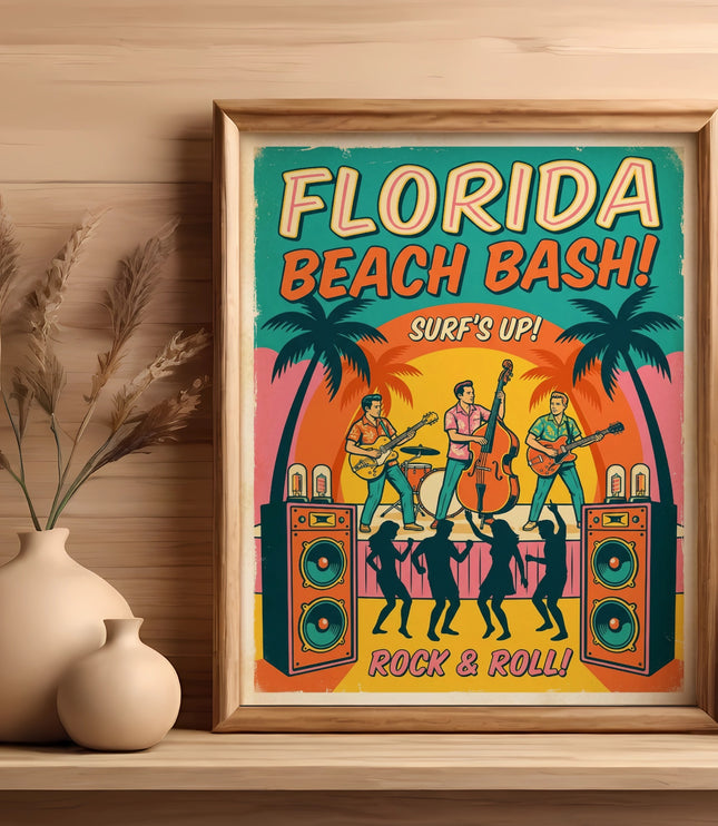 Framed "Florida Beach Bash Surf's Up Rock & Roll" poster with band and dancers.