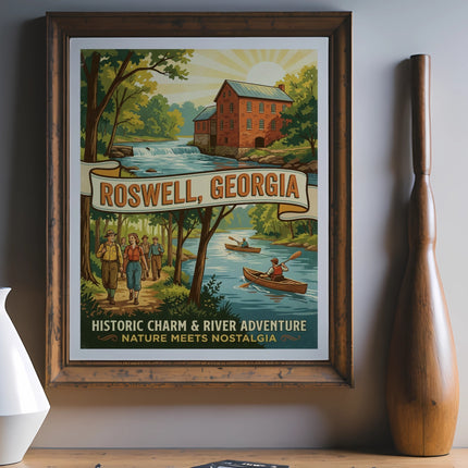 Roswell, Georgia historic charm and river adventure, nature meets nostalgia artwork.