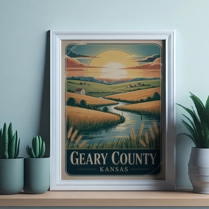 Framed vintage travel poster of Geary County, Kansas farmland with river and sunset.