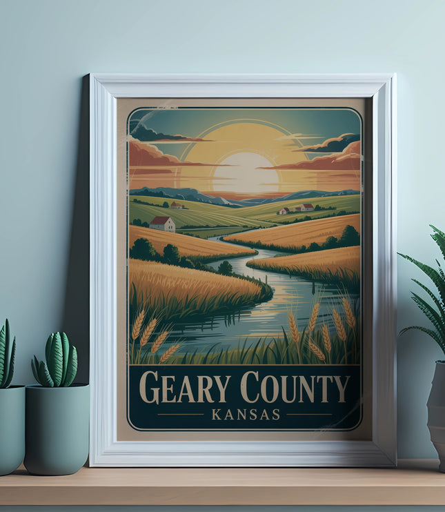 Framed vintage travel poster of Geary County, Kansas farmland with river and sunset.