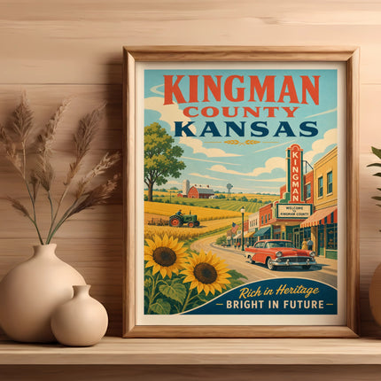 Vintage Kingman County Kansas travel poster with sunflowers and vintage car.