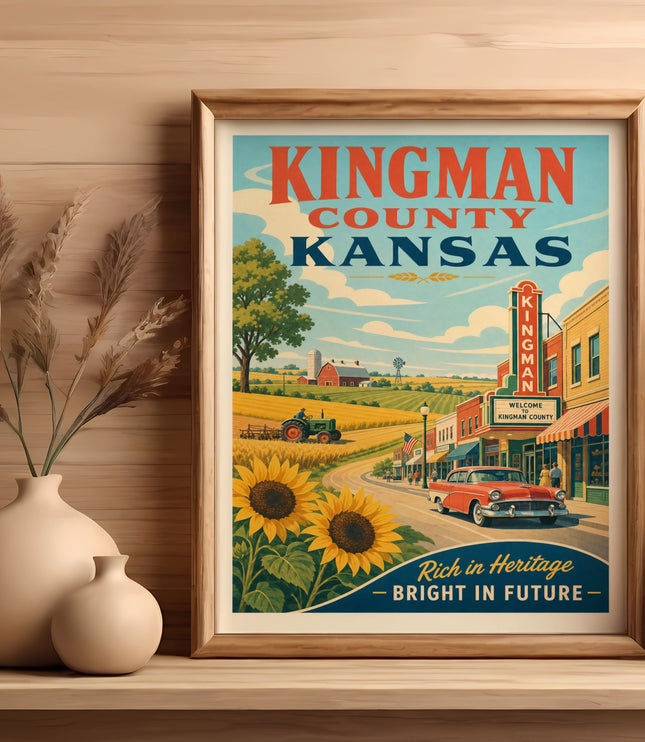 Vintage Kingman County Kansas travel poster with sunflowers and vintage car.