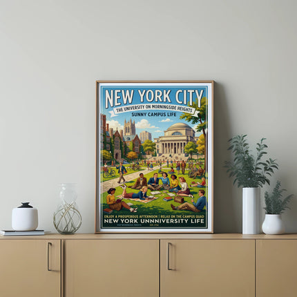 New York City University poster with students relaxing on a sunny campus quad.