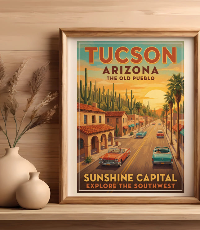 Tucson Arizona The Old Pueblo poster with cacti, palms, and vintage cars.
