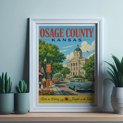 Framed poster for Osage County, Kansas, featuring a vintage scene and text.