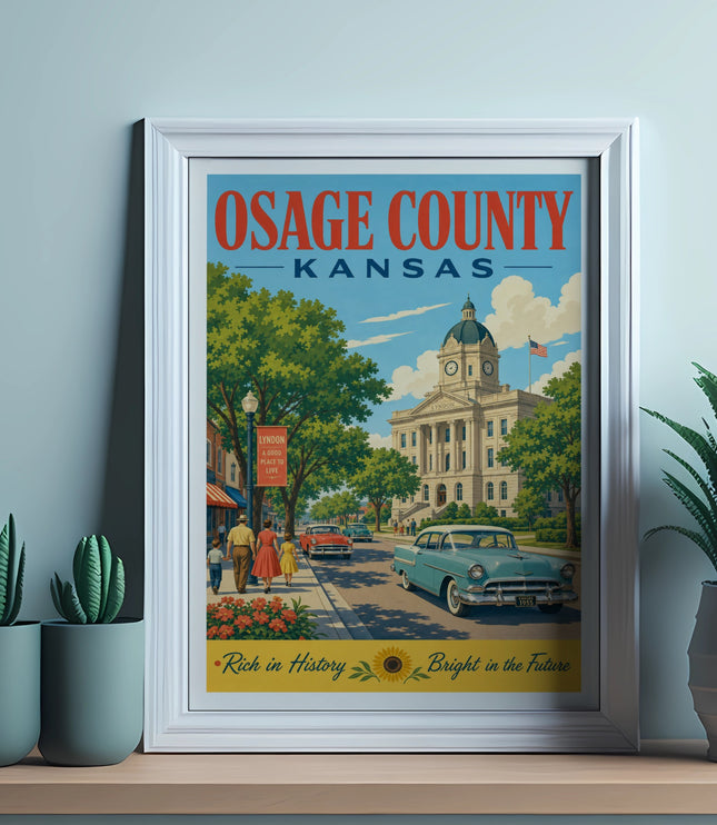 Framed poster for Osage County, Kansas, featuring a vintage scene and text.