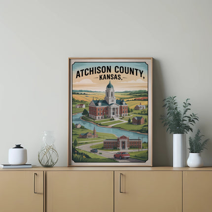 Atchison County, Kansas illustration with courthouse and river.