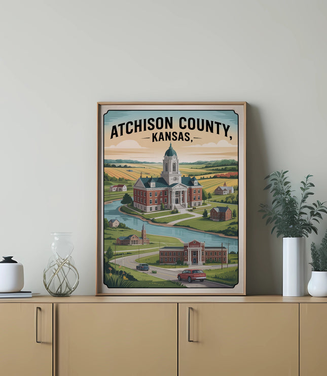 Atchison County, Kansas illustration with courthouse and river.