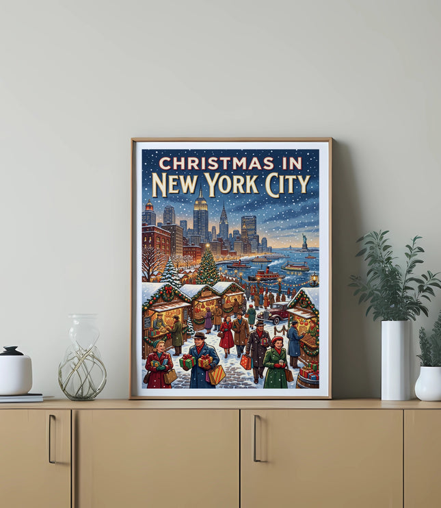 Christmas in New York City poster depicting a snowy market scene with buildings and the Statue of Liberty.