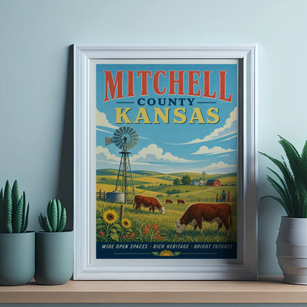 Framed vintage poster of Mitchell County, Kansas, featuring a windmill and cows.