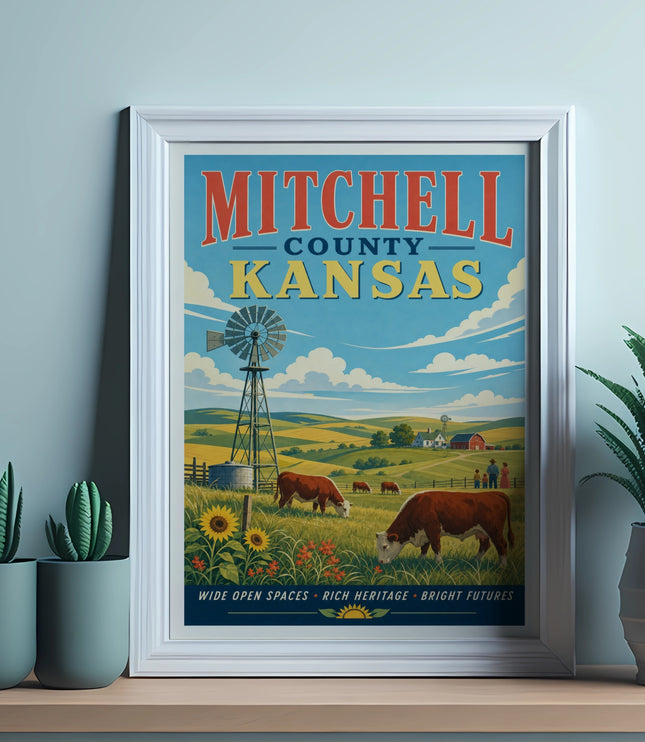Framed vintage poster of Mitchell County, Kansas, featuring a windmill and cows.