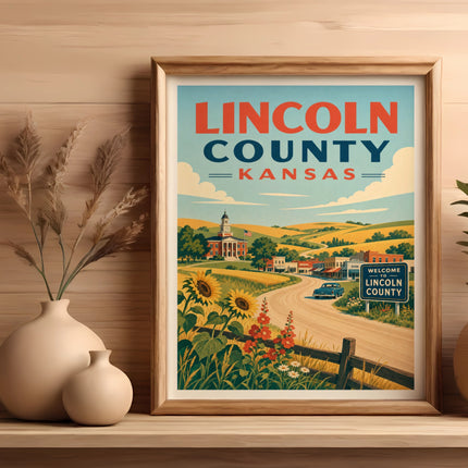 Vintage poster for Lincoln County, Kansas, with a scenic rural landscape.